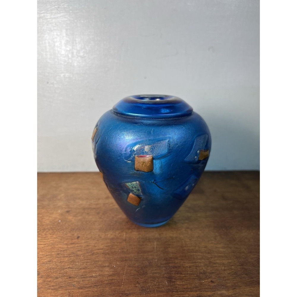 Robert Held Art Glass Handblown Vase Urn Cobalt Blue Carnival Mod Goth Mini Deco